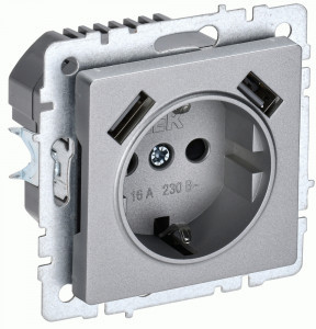 IEK BRITE мех. роз. СУ земля, штор. 16А с USB A+A 2,1А РЮш10-1-БрА алюм. BR-R14-16-U21-D21-K47