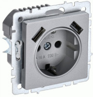 IEK BRITE мех. роз. СУ земля, штор. 16А с USB A+A 2,1А РЮш10-1-БрА алюм. BR-R14-16-U21-D21-K47