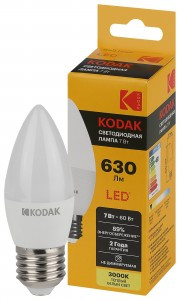 KODAK лампа св/д свеча B35 E27 7W(630lm) 3000K 2K 110х37 170-265В B35-7W-830-E27 2 года 57626