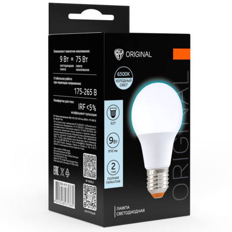 Лампа светодиодная BY A60 9 Вт, E27, 810 Лм, 6500 K, 175-265 В, Ra>80, IRF <5%,IC, 2 года гар.