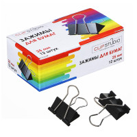 ClipStudio Набор зажимов для бумаг металлических, 25мм, черные, 12шт в картонной коробке