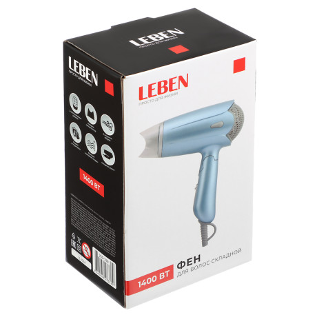 LEBEN Фен, 1400 Вт, 3 темп. режима, металл, пластик, голубой