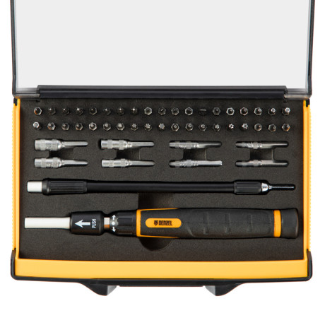 Отвертка с набором бит и торцевых головок для точных работ, гибкий привод, 48 шт, CrMo Denzel