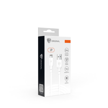 BY Кабель для зарядки Эко iP, 1м, Быстрая зарядка 2.4А, 12W, прорезиненный, белый