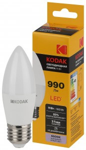 KODAK лампа св/д свеча B35 E27 11W(990lm) 6000K 6K 110х37 170-265В B35-11W-865-E27 2 года 57634