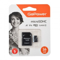 Карта памяти microSD GoPower 16GB Class10 60 МБ/сек V10 с адаптером 00-00025674