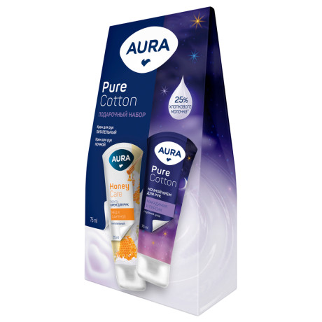 Подарочный набор женский AURA Pure Cotton: Крем для рук Питательный, 75мл+Крем для рук Ночной, 75мл