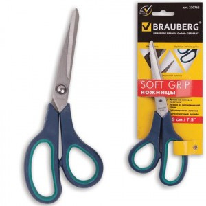 Ножницы BRAUBERG "SOFT GRIP" 190мм, серо-зелёные, в карт. упак. с европодвесом, арт.230762