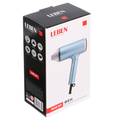 LEBEN Фен, 1600 Вт, 3 темп. режима, металл, пластик, голубой