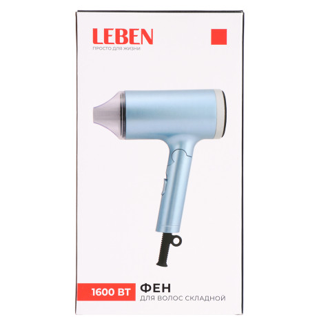 LEBEN Фен, 1600 Вт, 3 темп. режима, металл, пластик, голубой
