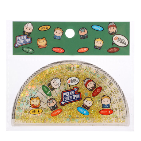 BY Русские Супергерои Транспортир 10 см, 180 градусов, принт, подв.блестки в геле, "Кавай", 3 цвета