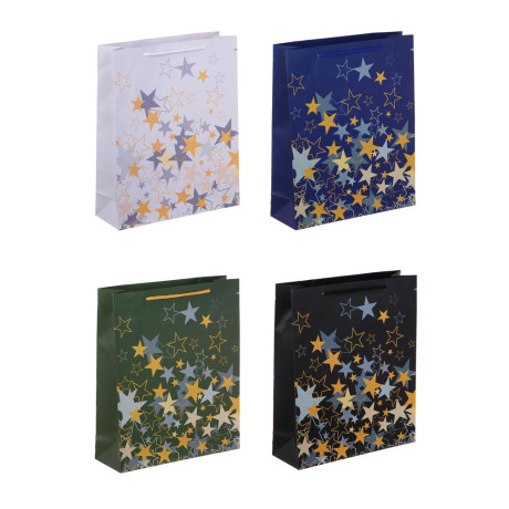 Пакет подарочный бумажный, L 26x32x9 см, звезды, 128 гр, 4 цвета