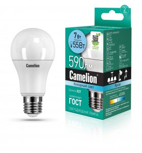 Camelion ЛОН A60 E27 7W(520lm 180°) 4500K 4K матов. 108x60 пластик LED7-A60/845/E27