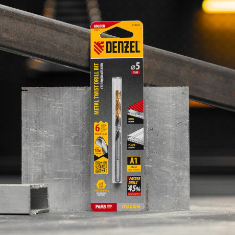 Сверло спиральное по металлу 5 x 86мм, Р6М5, Golden Tip, многогранная заточка Denzel
