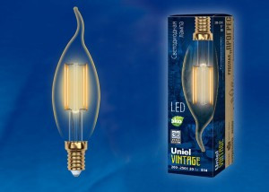 Uniel Vintage свеча на ветру E14 5W(420lm) 2250K филамент золотистая  35x128 LED-CW35-5W/GOLDEN/E14