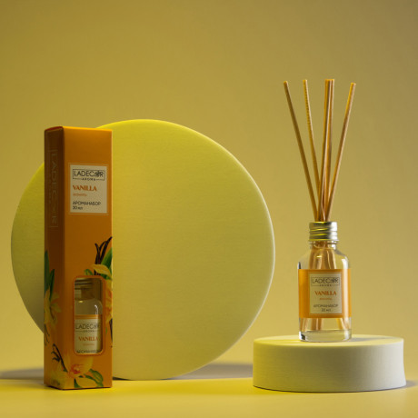 LADECOR Аромадиффузор с палочками, 30мл 6 ароматов зел. чай, лаванда, роза, ваниль, океан, корица