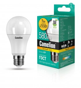 Camelion ЛОН A60 E27 7W(580lm 180°) 3000K 2K матов. 108x60 пластик LED7-A60/830/E27