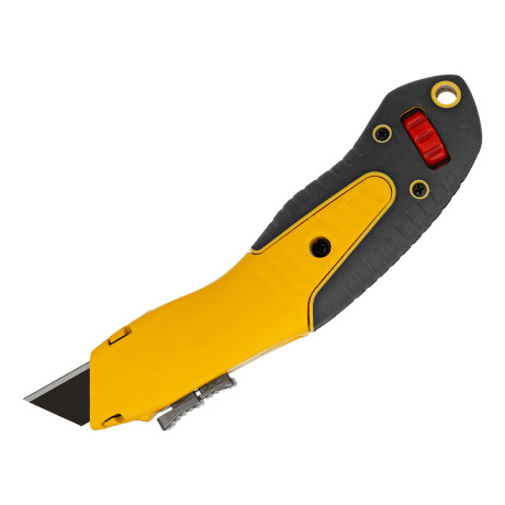 Нож, 19мм, сменное трапециевидное  лезвие, SK4, алюминиевый корпус, торцевой зажим Denzel