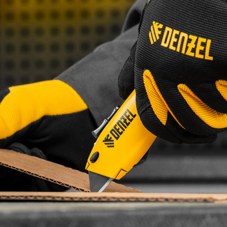 Нож, 19мм, сменное трапециевидное  лезвие, SK4, алюминиевый корпус, торцевой зажим Denzel