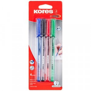 Ручка шарик. К1 0,7мм треуг.корп,4шт/бл сн/чр/кр/зл Kores 270431
