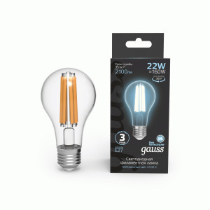 Gauss Filament ЛОН А70 E27 22W (2100lm) 4100К 4K прозр. 125x67 филамент(нитевидная) 102902222