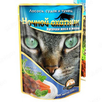 Ночной охотник Консервированный корм для кошек (пакет дой-пак), Мясные кусочки в ЖЕЛЕ, ЛОСОСЬ, СУДАК, ТУНЕЦ 100 грамм х24