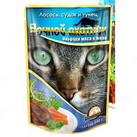 Ночной охотник Консервированный корм для кошек (пакет дой-пак), Мясные кусочки в ЖЕЛЕ, ЛОСОСЬ, СУДАК, ТУНЕЦ 100 грамм х24