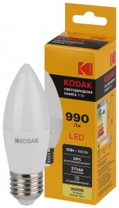 KODAK лампа св/д свеча B35 E27 11W(990lm) 3000K 2K 110х37 170-265В B35-11W-830-E27 2 года 57632