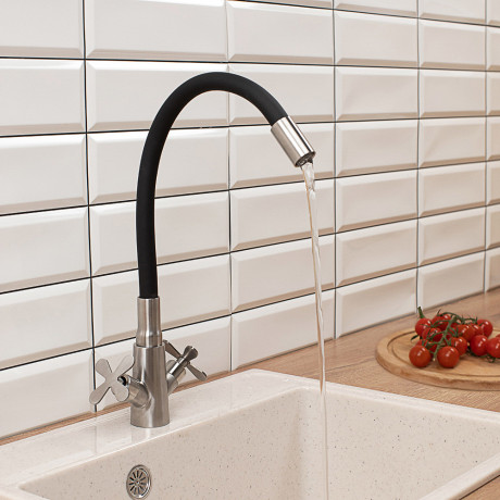 СоюзКран Смеситель для кухни, силиконовый излив, кер. кран-буксы 1/2, черный, нерж.сталь, SS01-С242