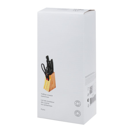 Набор ножей 6 пр. в дер.подставке: ножи кух. 7,5см, 11,5см, 12см, 14см, ножницы