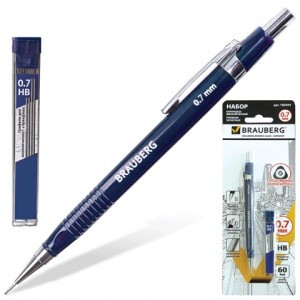Набор BRAUBERG: мех. карандаш, трёхгранный синий корпус + грифели HB, 0,7мм, 12 штук, 180494