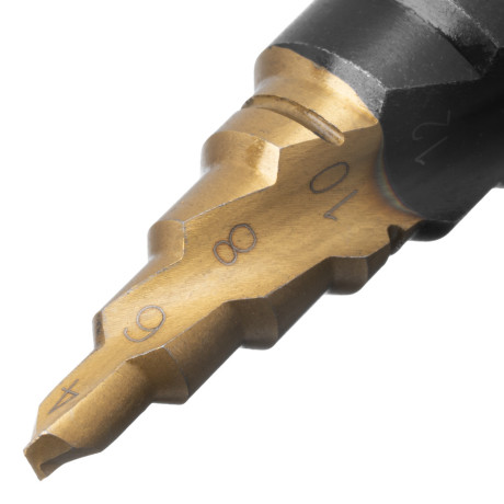 Сверло ступенчатое 4-6-8-10-12-14-16-18-20 мм, Р6М5, 6-гр. хвостовик Denzel