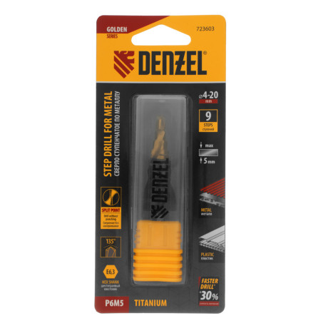 Сверло ступенчатое 4-6-8-10-12-14-16-18-20 мм, Р6М5, 6-гр. хвостовик Denzel