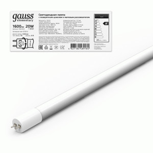 Gauss Elementary лампа T8 20W(1600lm) 6500K 6K G13 1200mm стекло поворотная 93039-R