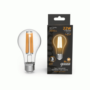 Gauss Filament ЛОН А70 E27 22W (2000lm) 2700К 2K прозр. 125x67 филамент(нитевидная) 102902122