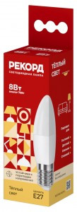 РЕКОРД лампа св/д свеча B37-U Е27 8W(650lm) 3000K 2K без пульсации 100x37 2г арт.25040