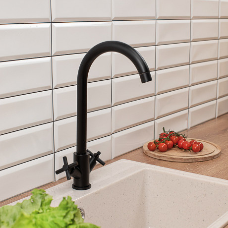 СоюзКран Смеситель для кухни, поворотный излив, кер. кран-буксы 1/2, черный, нерж.сталь, SS01-R240