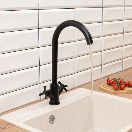 СоюзКран Смеситель для кухни, поворотный излив, кер. кран-буксы 1/2, черный, нерж.сталь, SS01-R240