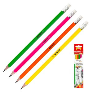 Карандаш чернографитный Kores Grafitos Neon трехгранный HB с ластиком 1094469