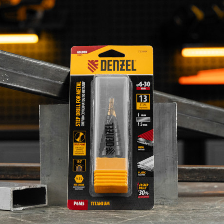 Сверло ступенчатое, 6-8-10-12-14-16-18-20-22-24-26-28-30мм, Р6М5, 6-гр. хвостовик Denzel