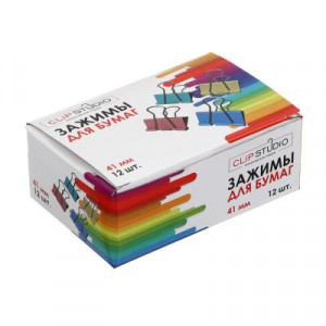 ClipStudio Набор зажимов для бумаг металлический 41 мм цветной, 12 штук в картонной коробке