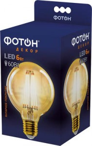 ФОТОН лампа св/д шар G95 E27 6W(725lm) 2200K 2K филамент без пульсации 128x95 3г арт.22627