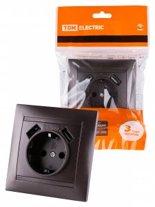 TDM ЛАМА роз. СУ 2П земля 16А 250В + 2 USB порта 2,1А 5В шоколад (8!) SQ1815-0542