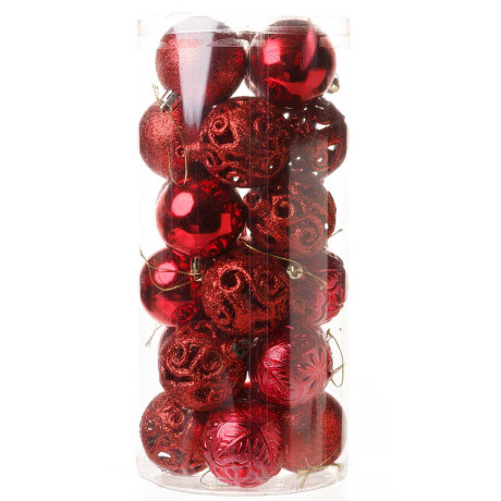 Набор елочных украшений Р27 красный Шары 24шт 6см (6шт глянец, 6шт блестки, 6шт ажур, 6шт фактур.цветы) (32)