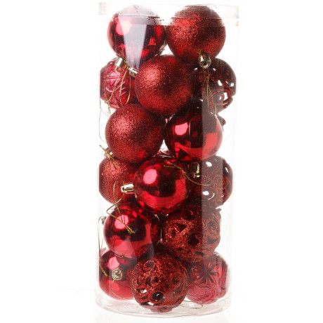 Набор елочных украшений Р27 красный Шары 24шт 6см (6шт глянец, 6шт блестки, 6шт ажур, 6шт фактур.цветы) (32)