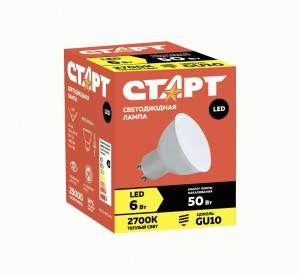 СТАРТ лампа св/д MR16 GU10 6W(480lm) 2700K 2K 53x50 матов пласт/металл тёплый свет ECO 18065