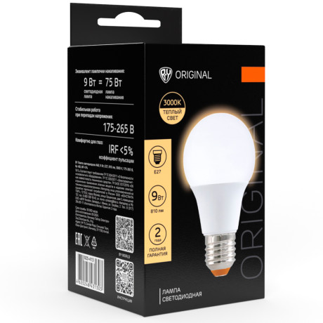 Лампа светодиодная BY A60 9 Вт, E27, 810 Лм, 3000 K, 175-265 В, Ra>80, IRF <5%,IC, 2 года гар.
